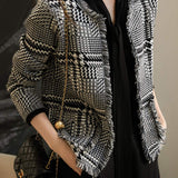 No-Collar Houndstooth Fringed Knit Cardigan - liwisi