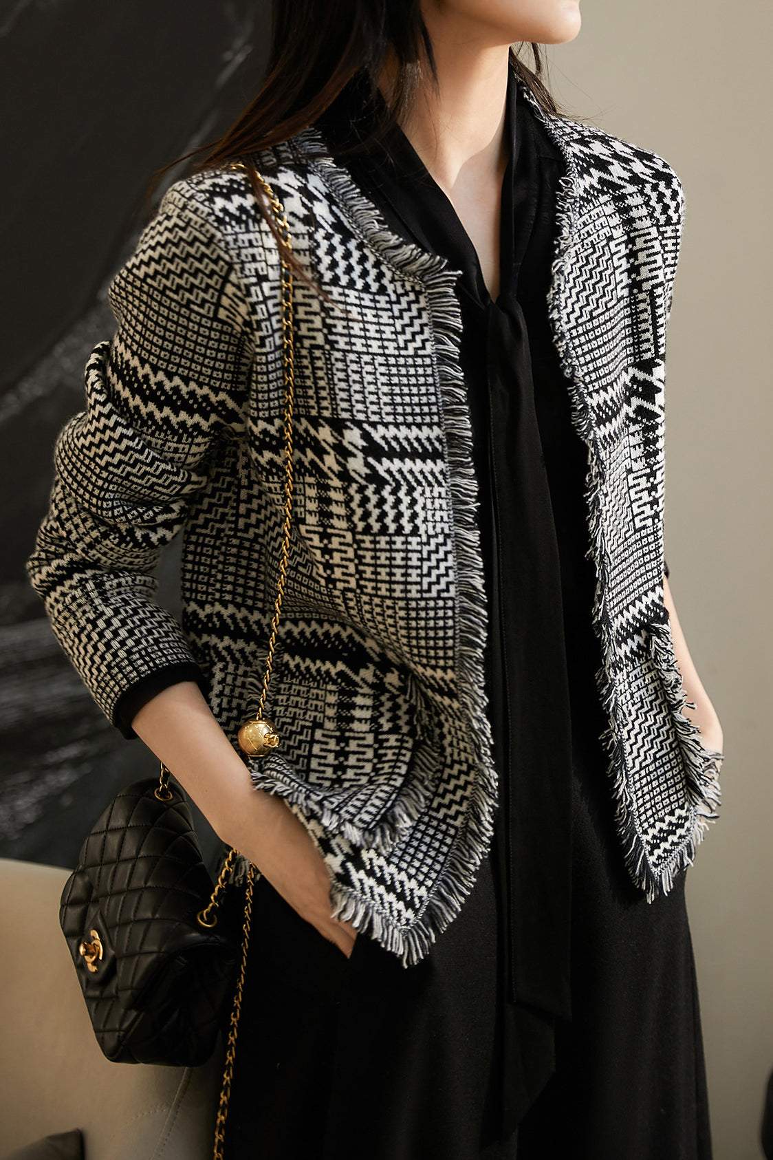 No-Collar Houndstooth Fringed Knit Cardigan - liwisi
