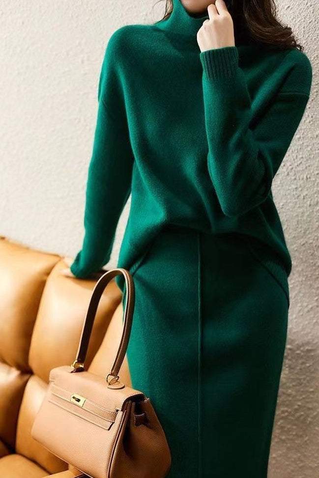 Elegant Solid Color Knit Two-piece Set: High-neck Knit Top + Knit Skirt - liwisi