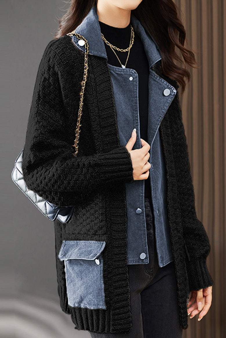 Spliced knitted cardigan coat - liwisi