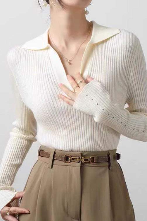 Skipper Collar Sheer Sleeve Knit Top - 5 Colors Available - liwisi