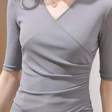 Short Sleeve V-Neck Front Cross Side Gathered Knit - 8 Colors Available - liwisi