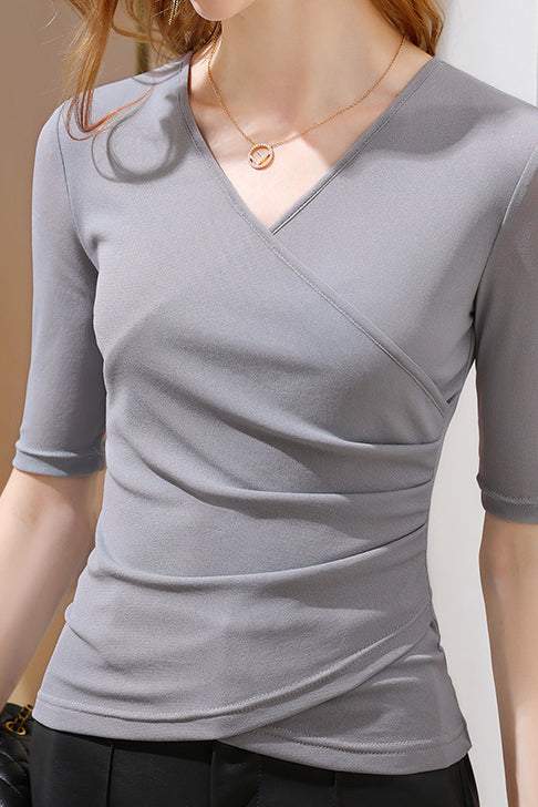 Short Sleeve V-Neck Front Cross Side Gathered Knit - 8 Colors Available - liwisi
