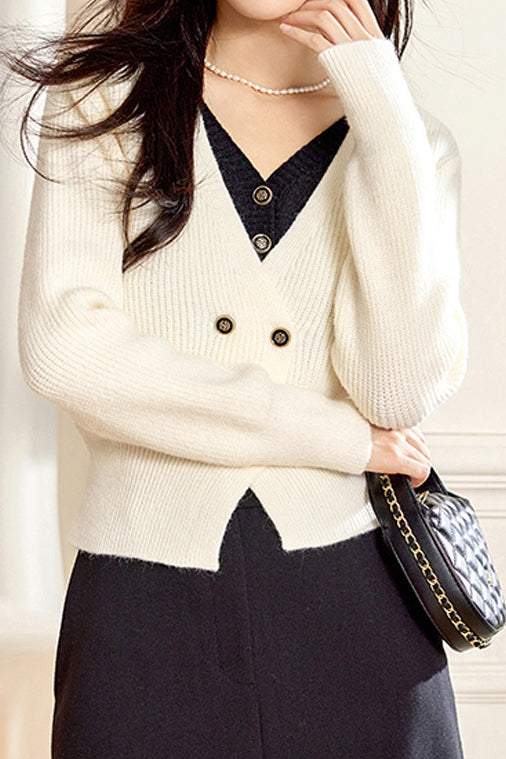 Faux Two-Piece Double Button Bi-Color V-Neck Knit - liwisi