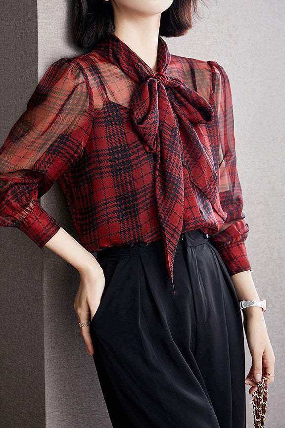 Bow Tie Collar Check Pattern Sheer Blouse - liwisi