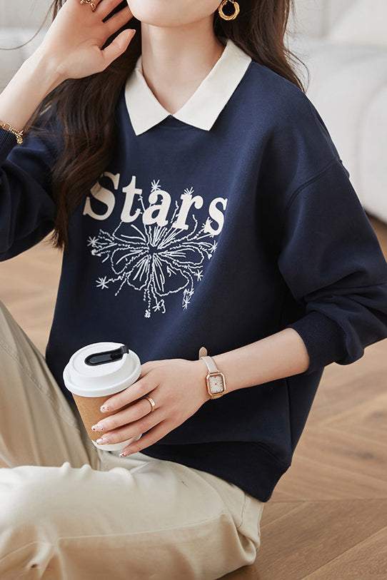 Casual Letter Embroidered Faux Layered Collar Sweatshirt - liwisi