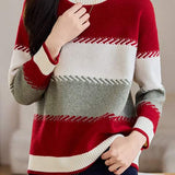 Contrast color striped loose sweater - liwisi