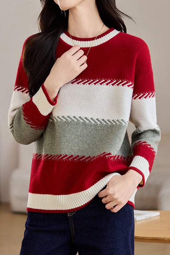 Contrast color striped loose sweater - liwisi