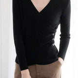 V-Neck Front Cross Side Gathered Button Decor Knit - 4 Colors Available - liwisi