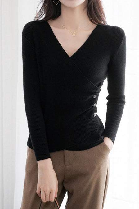 V-Neck Front Cross Side Gathered Button Decor Knit - 4 Colors Available - liwisi