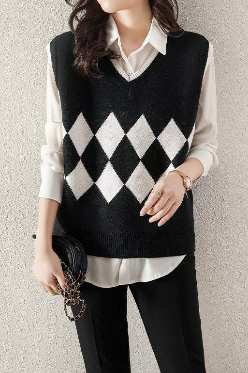 Casual V-Neck Diamond Pattern Knit Vest - 3 Colors Available - liwisi