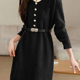 Turn-down collar mid-length waist-cinched long-sleeved knitted dresses - liwisi