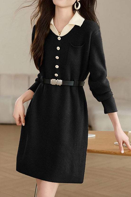 Turn-down collar mid-length waist-cinched long-sleeved knitted dresses - liwisi