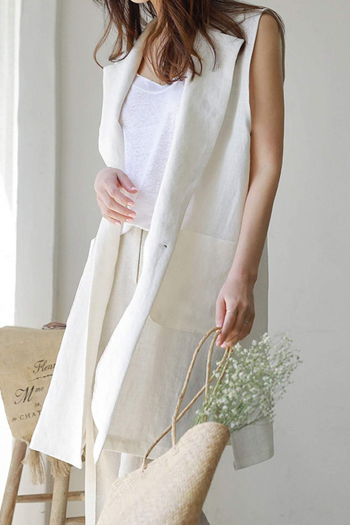 Notch Lapel Color Side Slit Linen Gilet - 3 Colors Available - liwisi