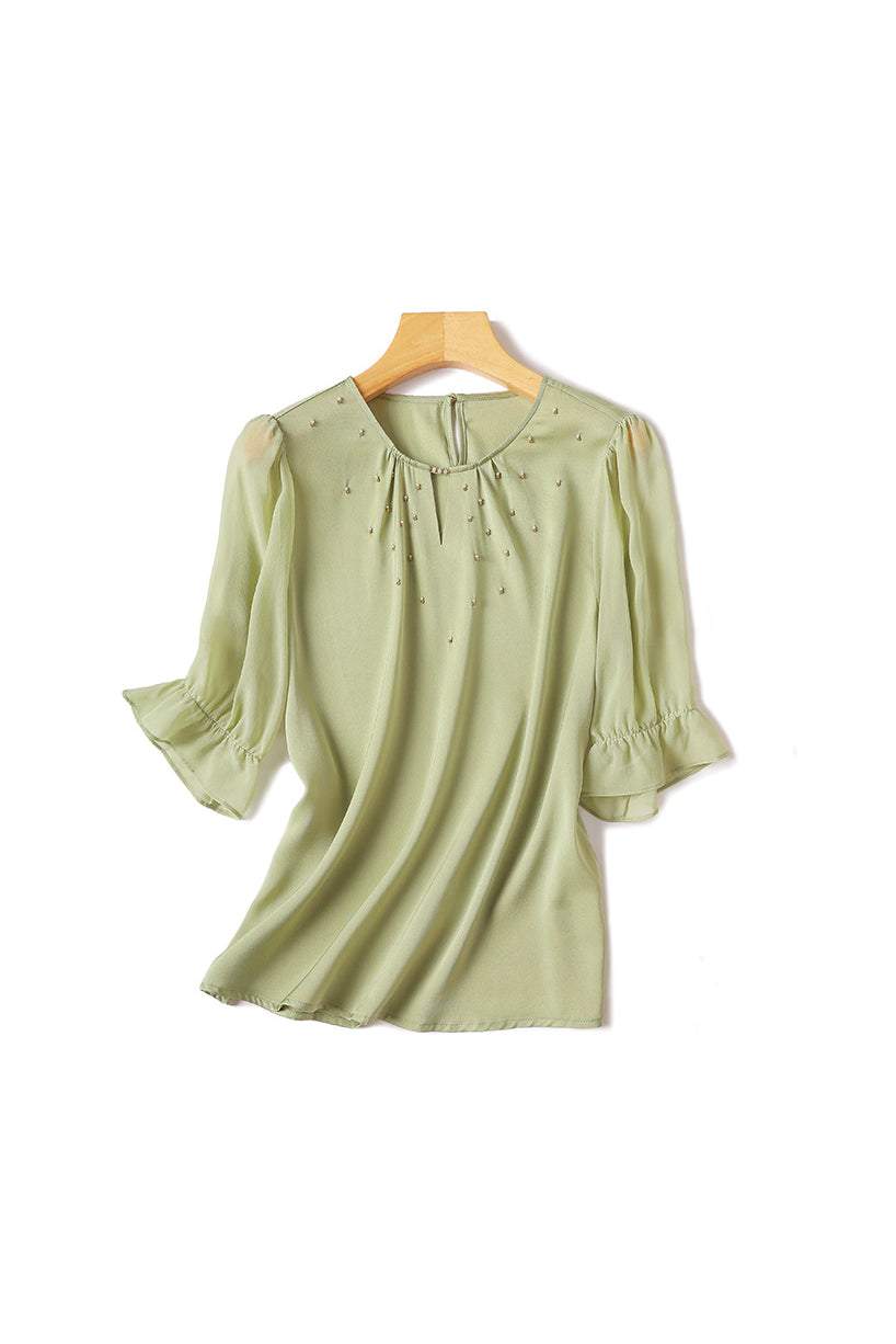Front Cut-Out Rhinestone Decor Sheer Sleeve Blouse - 2 Colors Available - liwisi