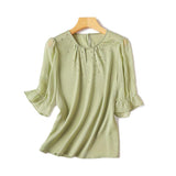 Front Cut-Out Rhinestone Decor Sheer Sleeve Blouse - 2 Colors Available - liwisi