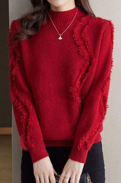 Bottle Neck Fringe Decor Long Sleeve Sweater - 4 Colors Available - liwisi
