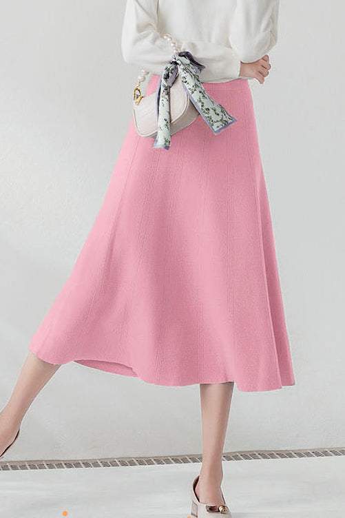 Knit A-Line Flare Long Floral Jacquard Skirt with Elastic Waist - 7 Colors Available - liwisi
