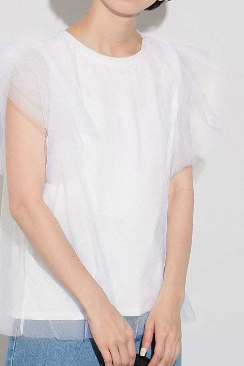 Round Neck Double Tulle Flare Sleeve T-Shirt - 2 Colors Available - liwisi