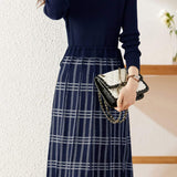 Drawstring Check Contrast Knit Dress - 2 Colors Available - liwisi