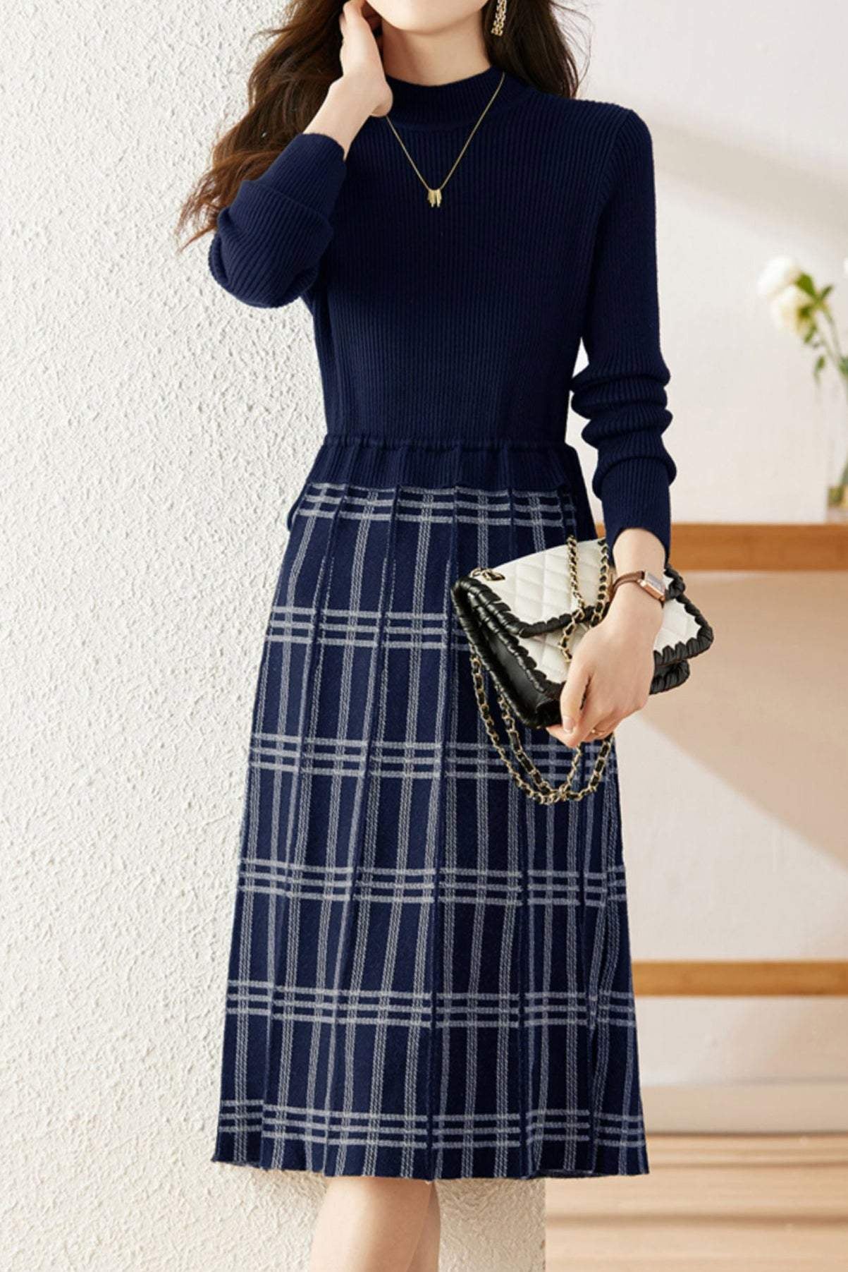 Drawstring Check Contrast Knit Dress - 2 Colors Available - liwisi