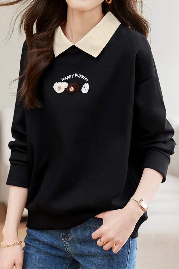Dog Pattern Embroidered Patchwork Long Sleeve Casual Sweatshirt - 3 Colors Available - liwisi