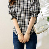 Ruffle Decor Round Neck Check Blouse - liwisi