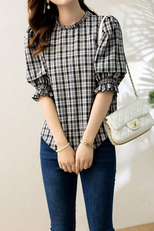Ruffle Decor Round Neck Check Blouse - liwisi