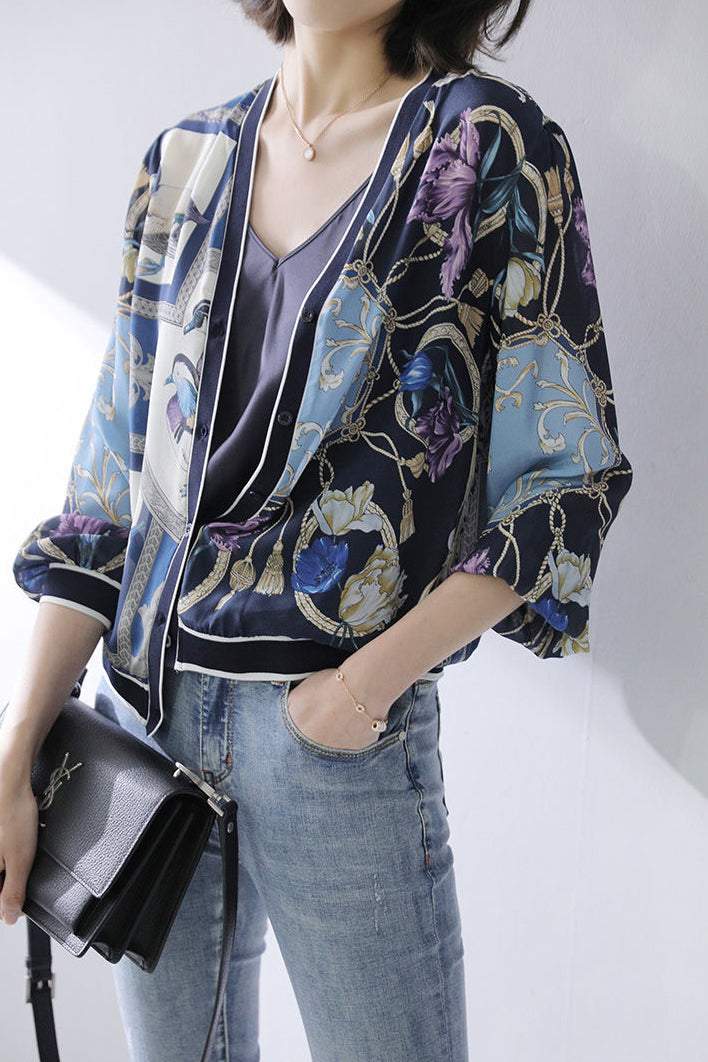 V-Neck Flower Print Short Sleeve Cardigan - liwisi