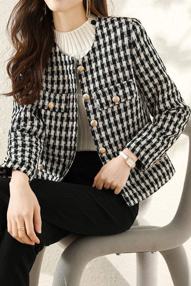 Elegant-Inspired Monochrome Houndstooth Single-Breasted Jacket with Lining - liwisi