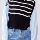 Faux Two-Piece Long-Sleeve Striped Knit Sweater - liwisi