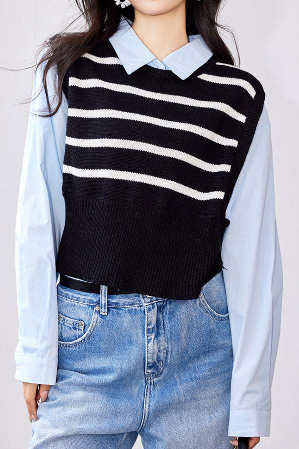 Faux Two-Piece Long-Sleeve Striped Knit Sweater - liwisi