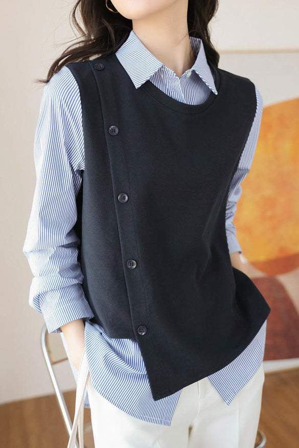 Mixed Material Striped Contrast Blouse - liwisi