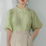 Raglan Balloon Sleeve Placket Shirt with Lining - 3 Colors Available - liwisi