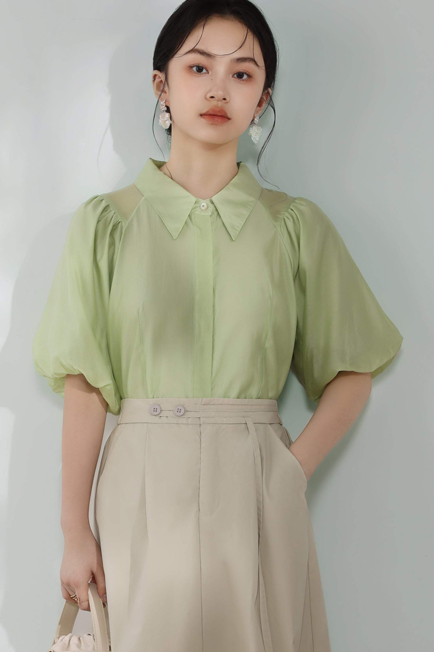 Raglan Balloon Sleeve Placket Shirt with Lining - 3 Colors Available - liwisi