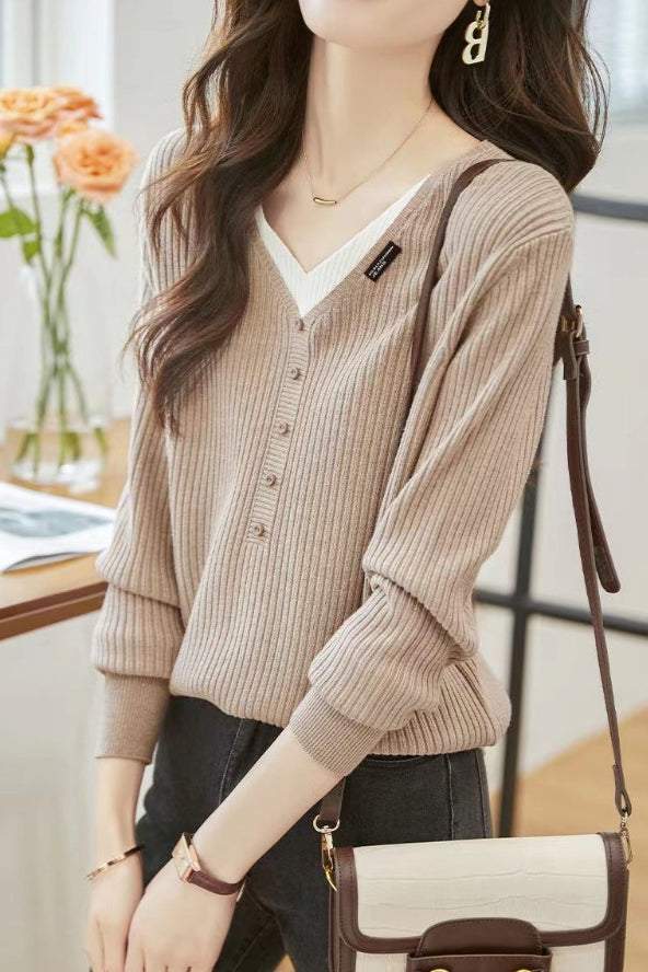 Minimalist Color-Block V-Neck Sweater for Women - liwisi