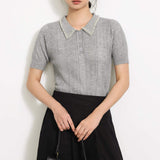 Pearl-Decorated Stand Collar Aran Knit Top - liwisi