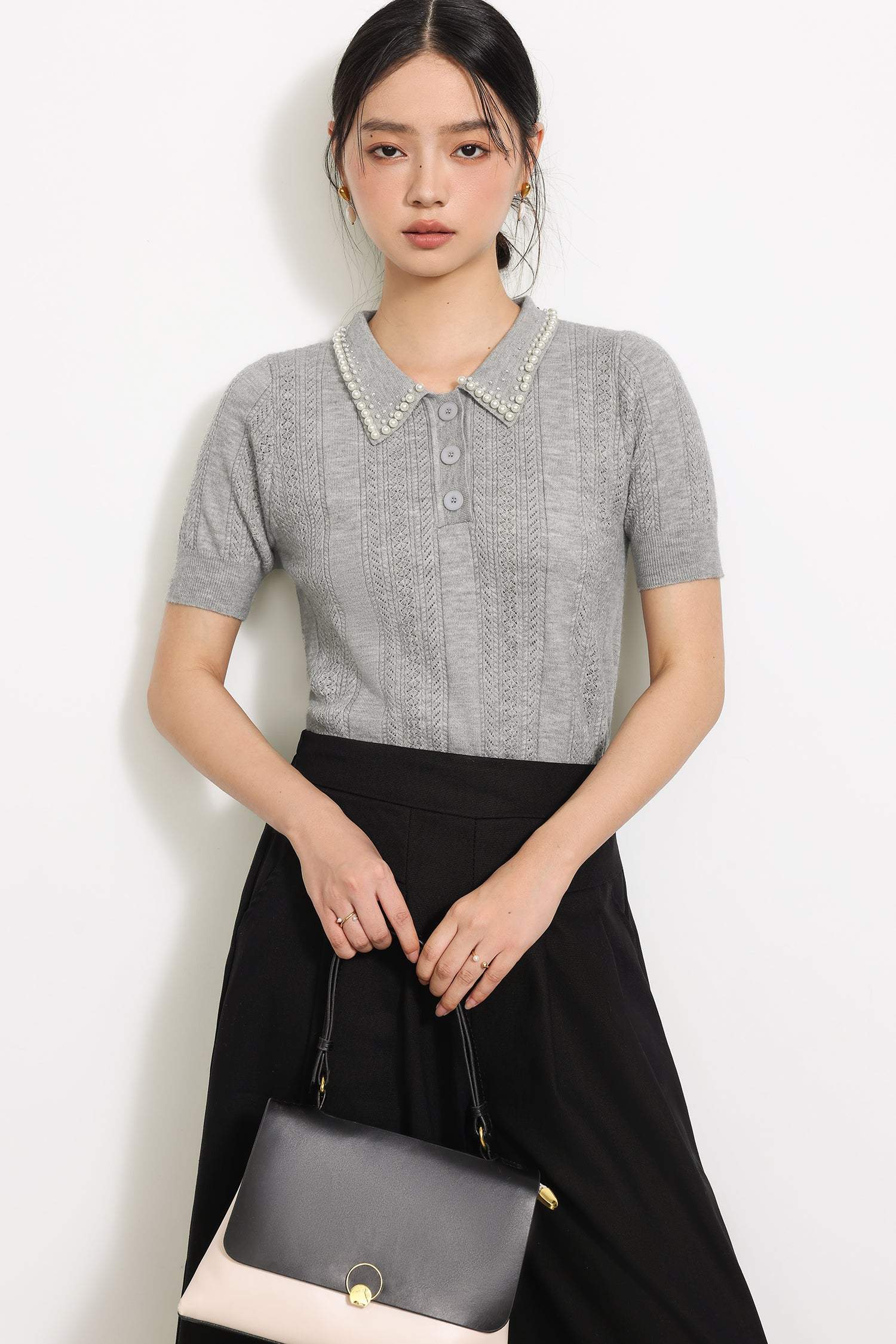 Pearl-Decorated Stand Collar Aran Knit Top - liwisi