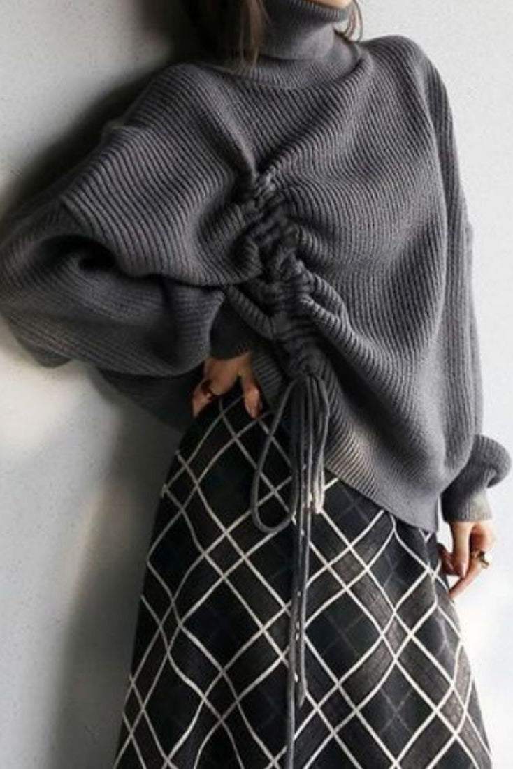 Two-Piece Set: Turtle Neck Side Lace-Up Knit + Fringe Decor Check Pattern Long Knit Skirt - 2 Colors Available - liwisi