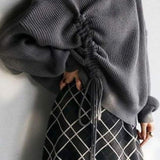 Two-Piece Set: Turtle Neck Side Lace-Up Knit + Fringe Decor Check Pattern Long Knit Skirt - 2 Colors Available - liwisi