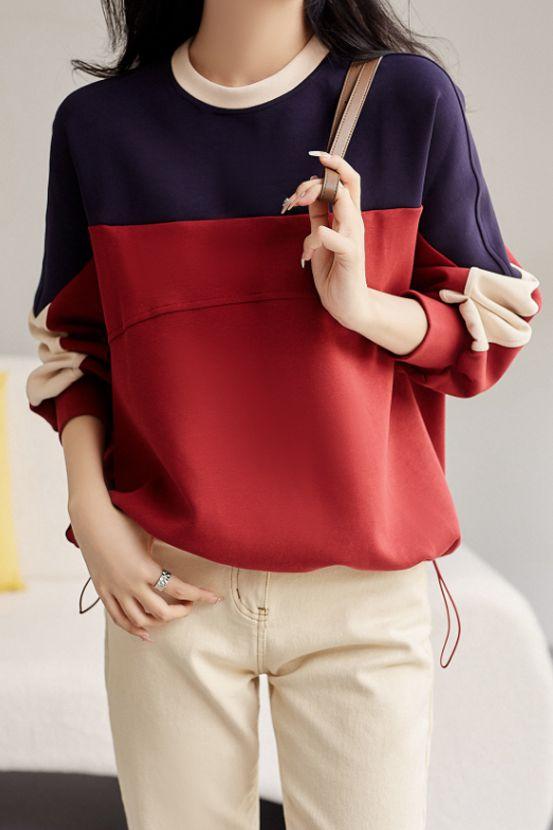 Round-neck Long-sleeved Loose Patchwork Sweatshirt. - liwisi