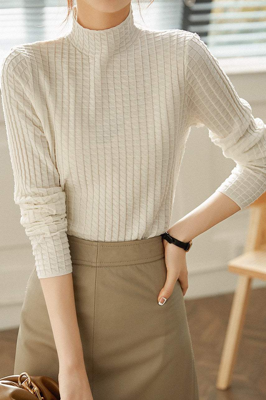 Plain Check Pattern Round High Neck Long Sleeve Tight Inner Knit - 2 Colors Available - liwisi
