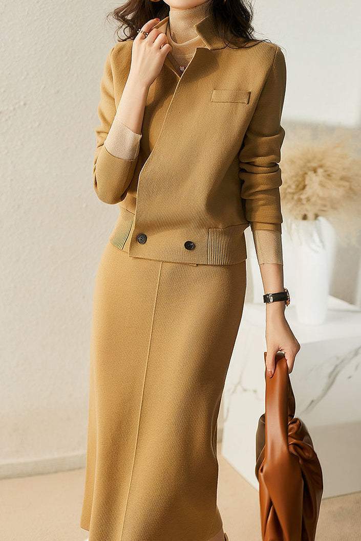 Skipper Collar Double Button Long Sleeve Top + Side Pocket Long Slacks + Back Slit Simple Long Skirt - liwisi
