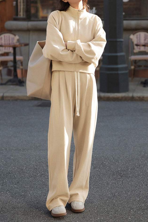 Two-Piece Set: Tall Collar Rib Hem Zip-Up Knit Cardigan + Drawstring Long Knit Pants - 3 Colors Available - liwisi