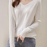 Solid-color V-neck knitted top - liwisi