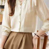 Lace V-neck solid-color shirt - liwisi
