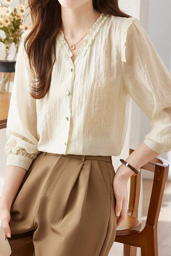 Lace V-neck solid-color shirt - liwisi