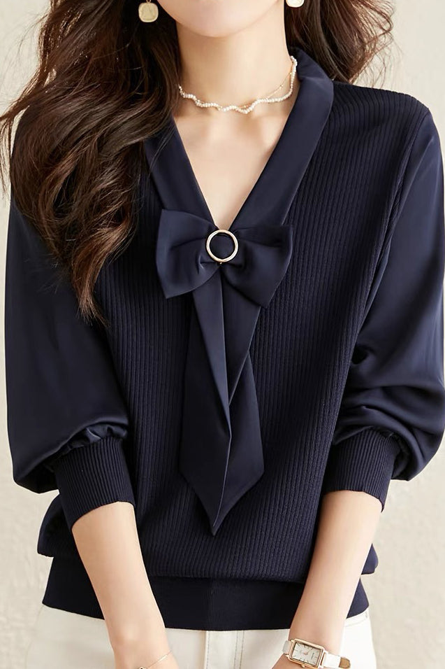 V-neck spliced knitted shirt - liwisi