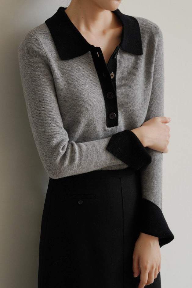 Bi-Color Basic Polo Collar Knit - liwisi
