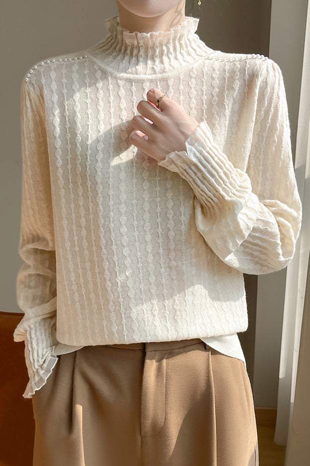 Lace-trimmed semi-high-neck base layer shirt - liwisi